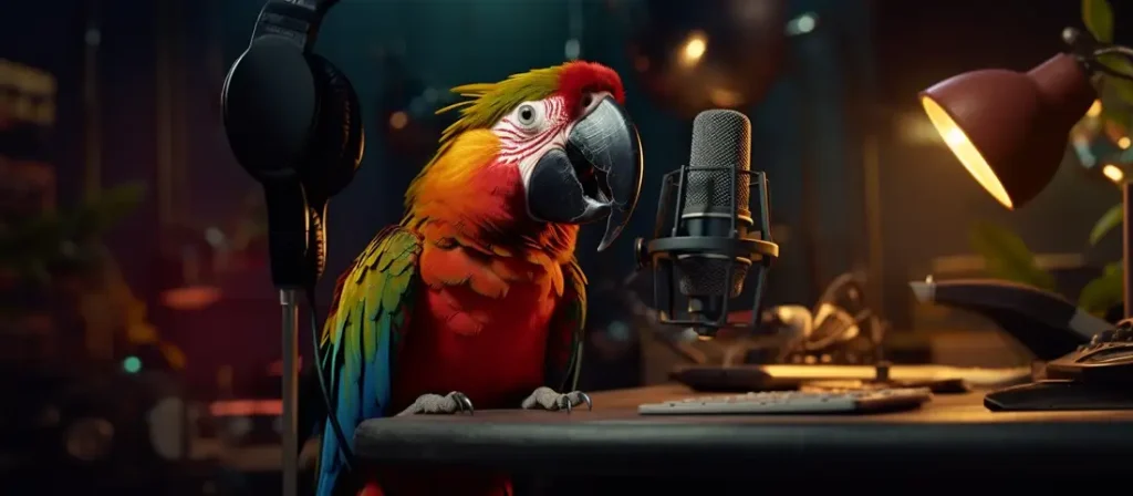 Illustration of a parrot dictating alt tags into a microphone.