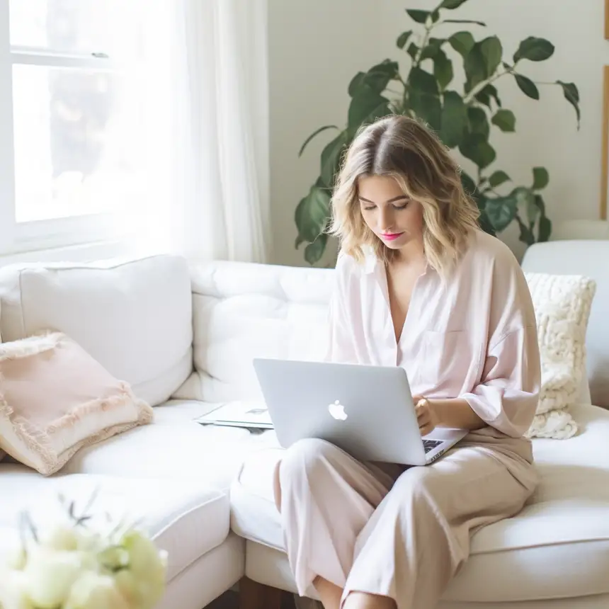 A lady writing a blog on her laptop.