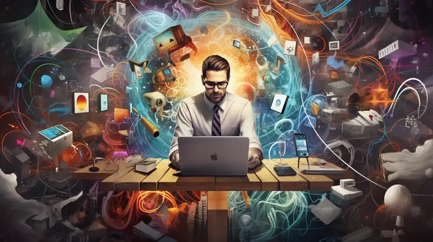 Illustration of a man doing a complex research to make a rich blog post to rank at the top.